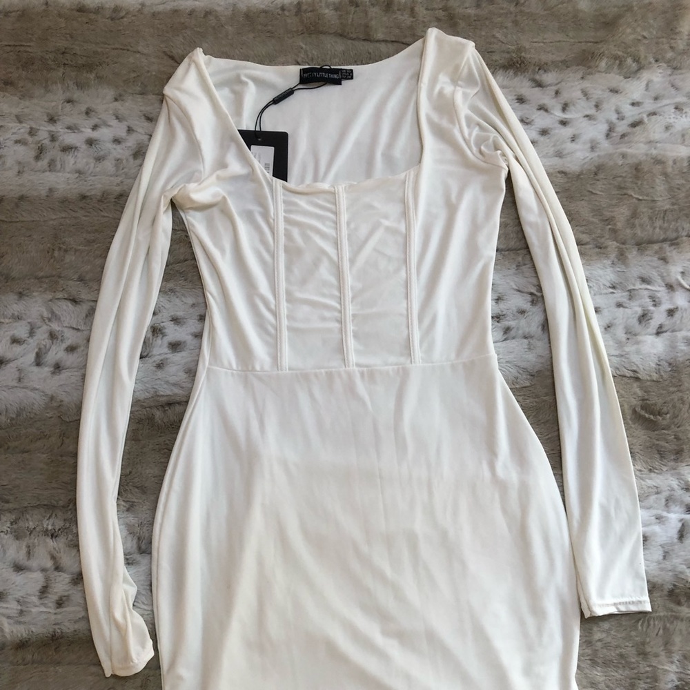 PRETTYLITTLETHING Shape White Long Sleeve Midi Dress 10 Large Medium Fit